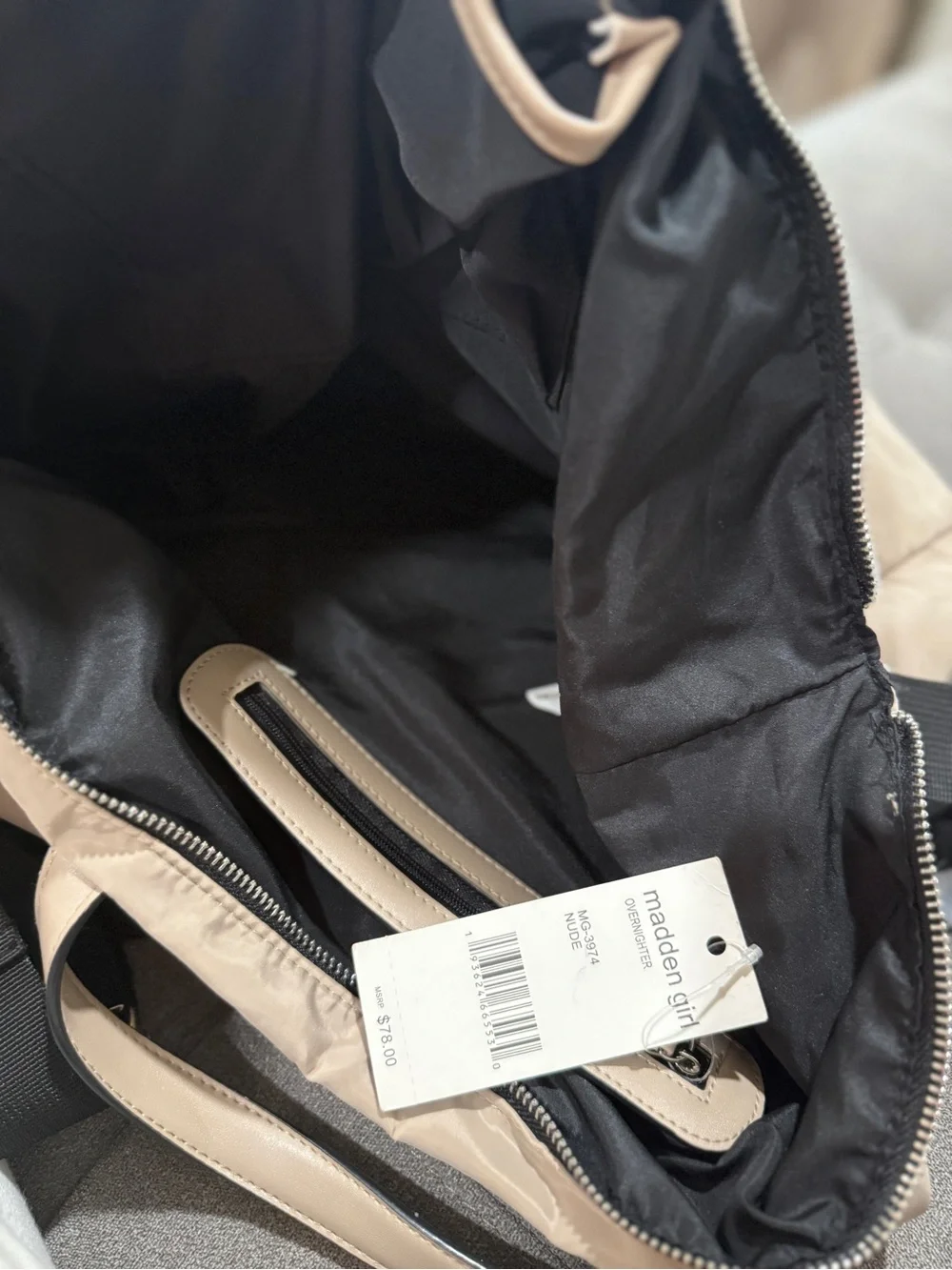 Madden Girl Beige Weekender Bag with Black Interior